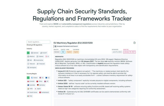 Supply Chain Security Standards, Regulations and Frameworks Tracker