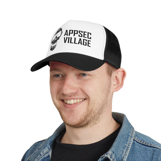 Skull Graphic Mesh Cap, Trendy Urban Hat, AppSec Village Snapback, Cybersecurity Gift, Festival Ready Cap